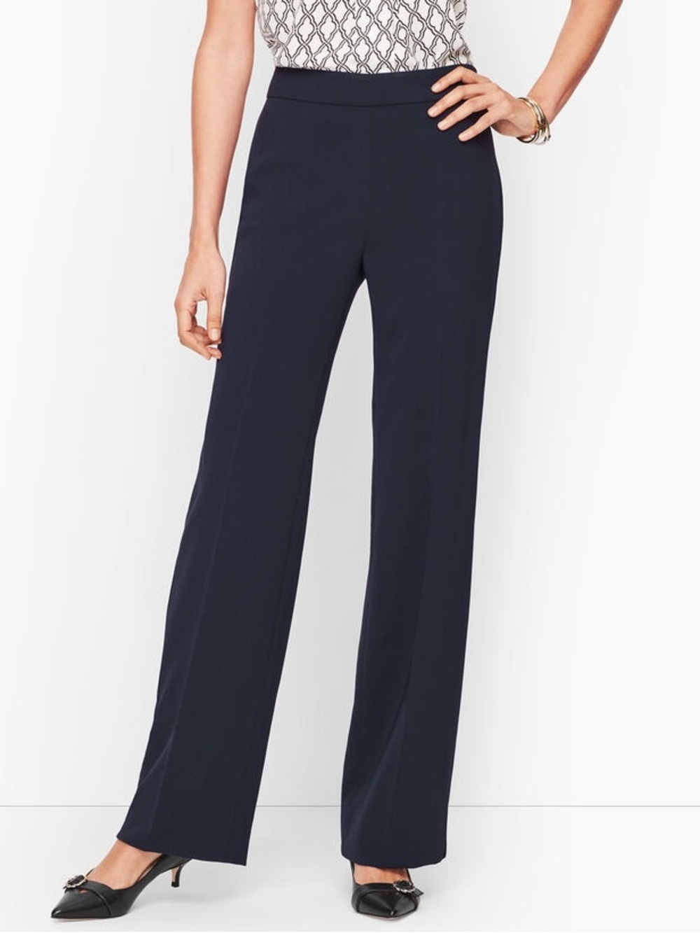 Talbots Easy Travel Wide Leg Pants Navy Blue High Waist Full Length Side Zip